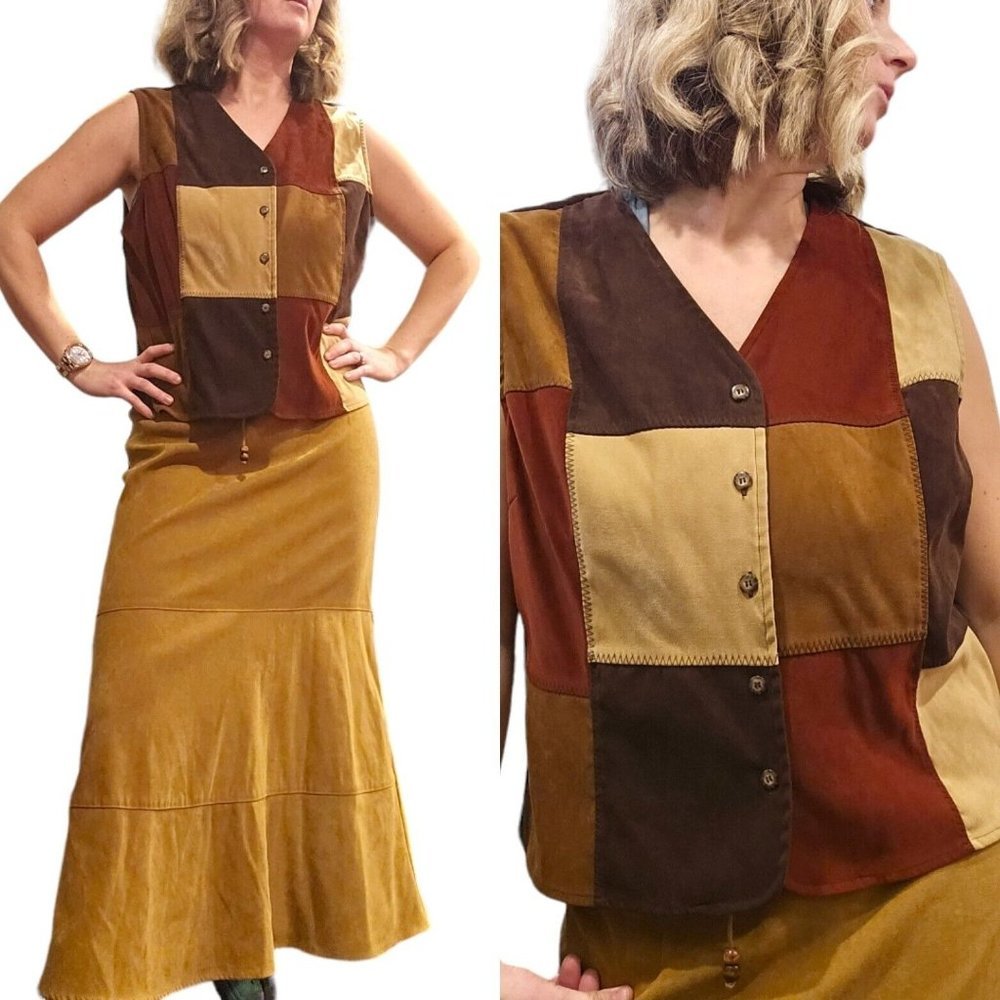 90s Large Faux Suede Patchwork Vest Earth Tones Brown Tan Burgundy - Picture 2 of 6